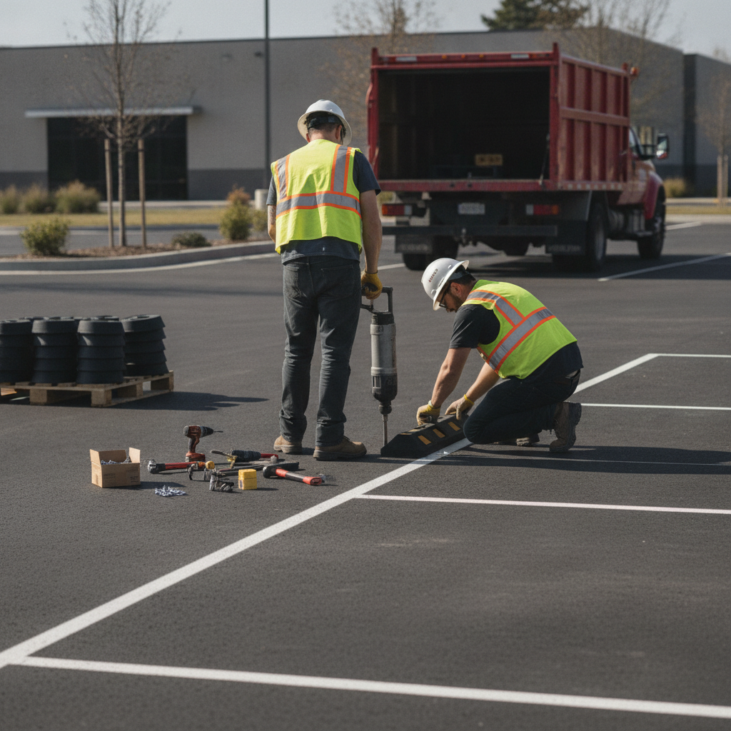 Create a realistic, professional service-business photograph showing Wheel Stop Installation from behind, with the backs of their heads visible. Do not show any faces, facial features, front-facing views or side views, profiles, or identifi
